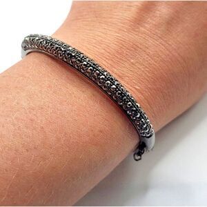 Marcasite Hinged Gunmetal Bangle Bracelet safety Clasp 2.25in dia ST signed